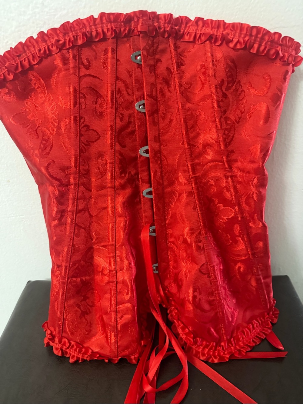 Red Satin Jacquard Lace-Up Corset Bustier